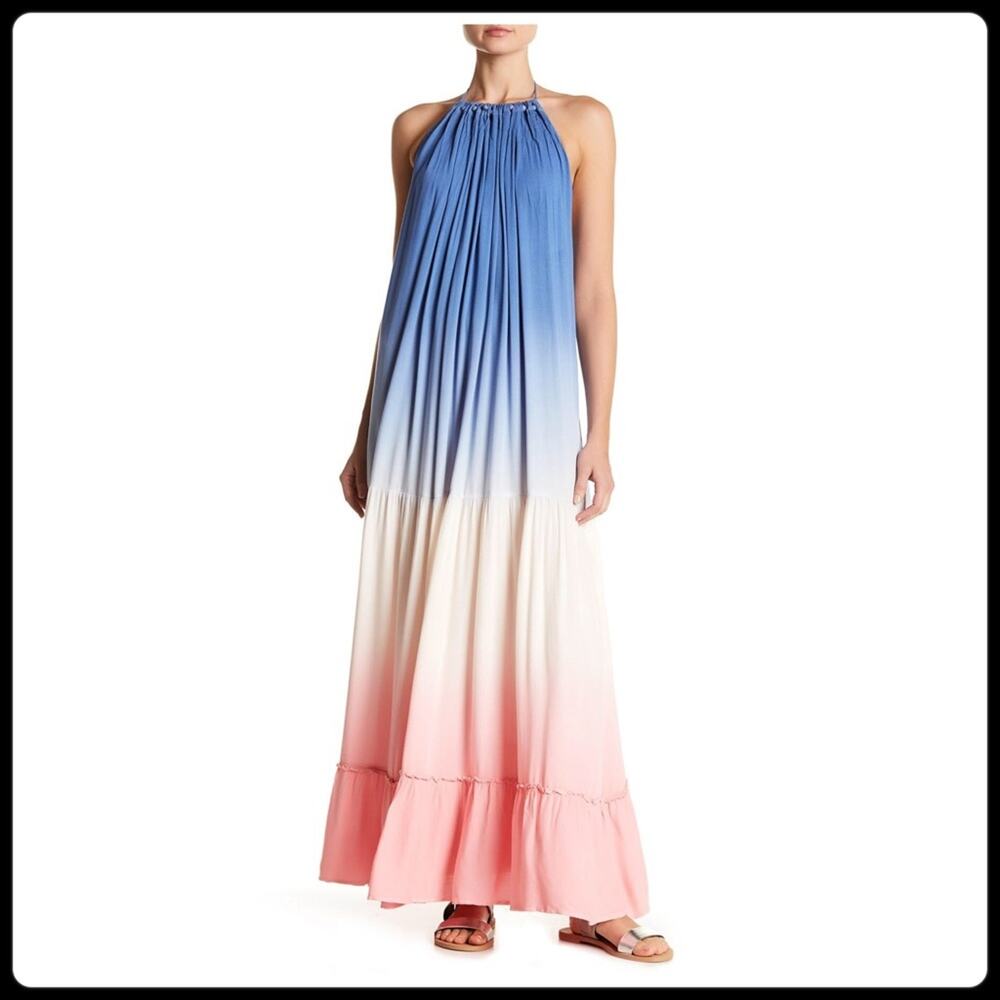 Young Fabulous & Broke NWT Maxi Dress Beaded Ombre Blue Pink Beach Dress
